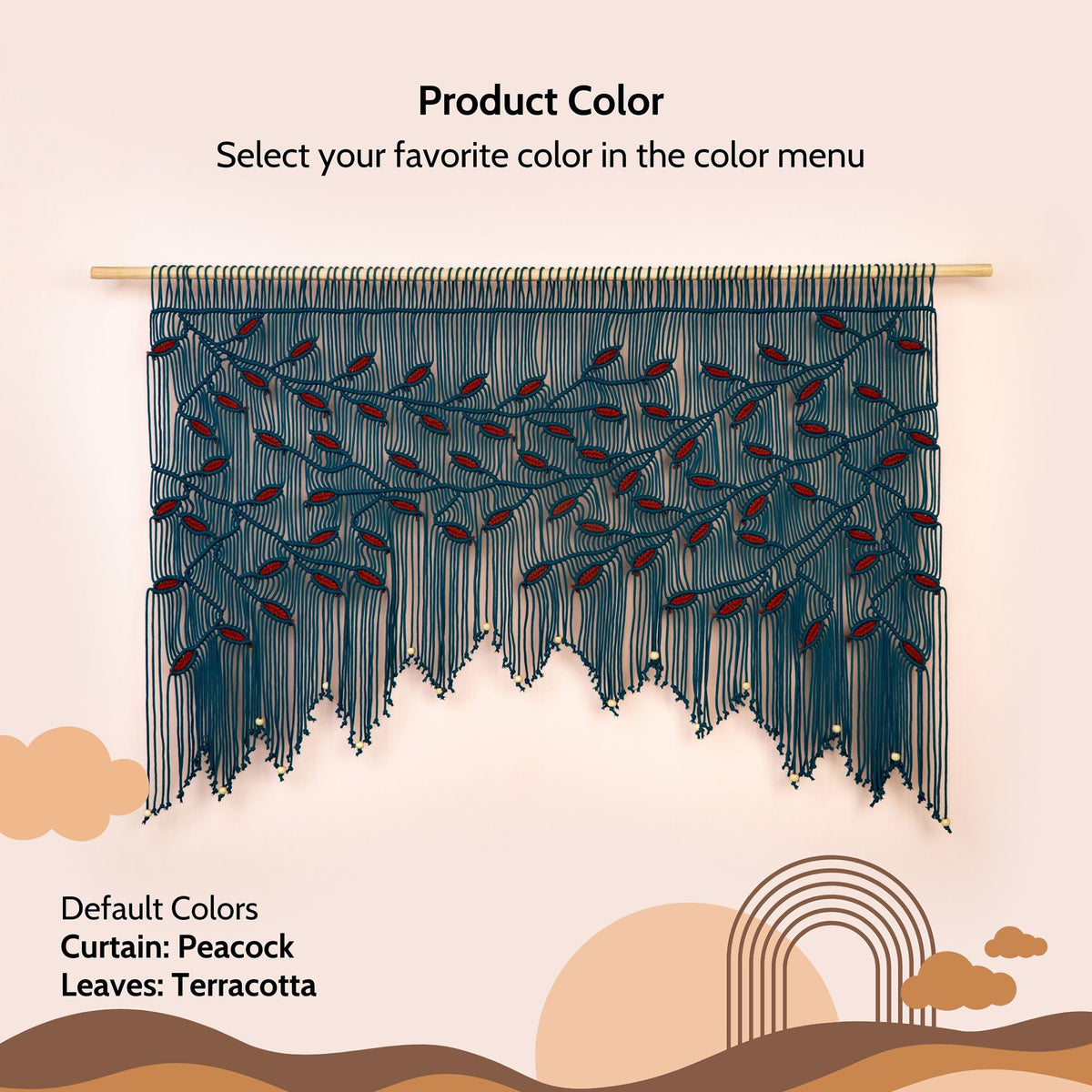 Large bohemian tapestry in peacock teal with horizontal vine layout and decorative merlot leaf accents.