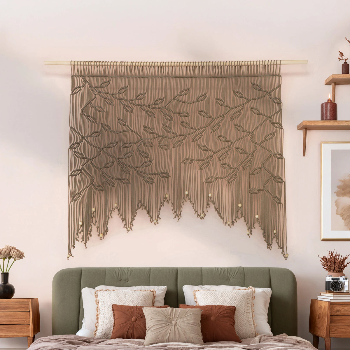 A bohemian-style wall macrame hanging with intricate leaf embroidery and fringe beads, displayed in a styled bedroom above a green headboard.