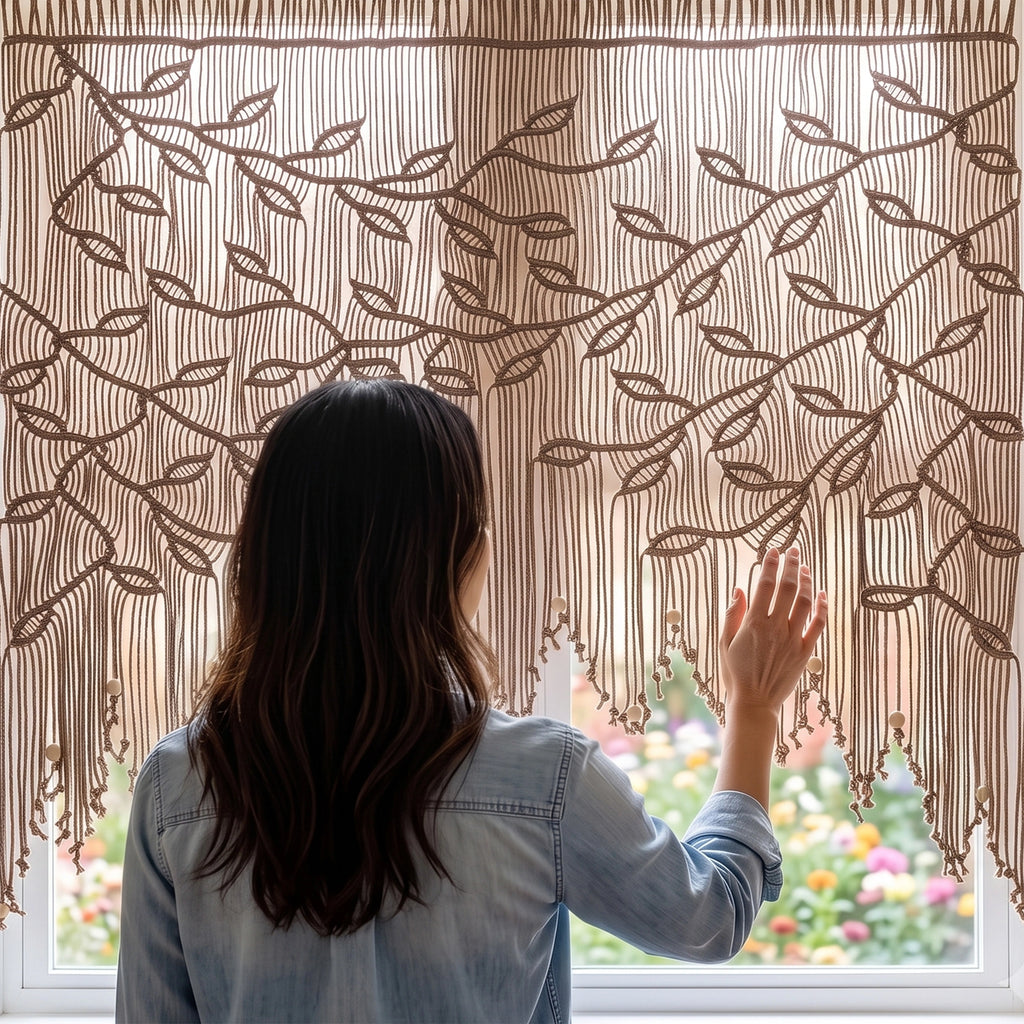 A woman viewed from behind stands in front of a sheer beige curtain with a brown leaf and vine pattern, holding the fabric at the bottom to show its drape. A window with blurred flowers is visible in the background.