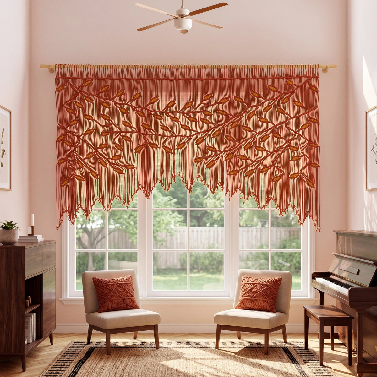 An terracotta embroidered window valance with a leafy branch pattern, hanging on a wooden rod in a styled dining room with a pink wall and a window looking out to a garden.