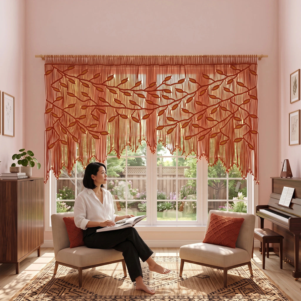 A woman sits barefoot in a chair in a bright room with pink walls, looking at a book. A large window behind her is covered by a rust-orange sheer curtain with embroidered leafy branches and fringe.