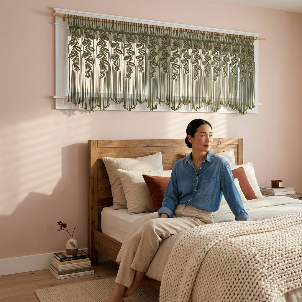 A woman sits on a bed in a softly lit bedroom, wearing a blue button-up shirt and beige pants. The room has blush pink walls, a wooden bed frame, neutral bedding, and a sheer olive green patterned valance hanging above the bed.
