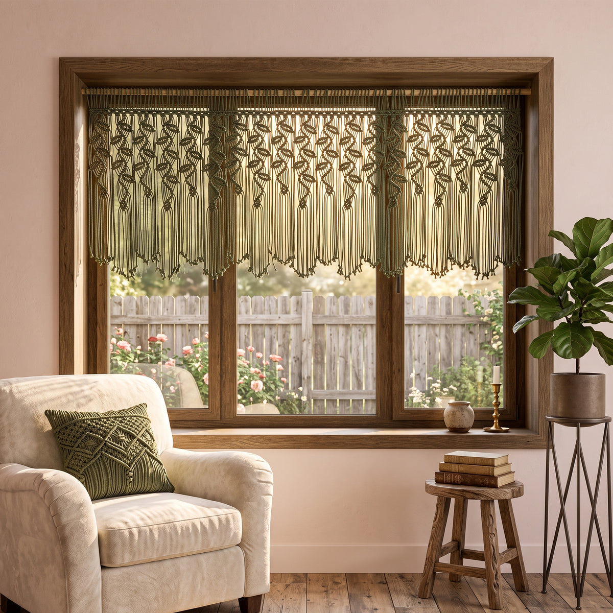 A window treatment set featuring a bronze and olive green patterned valance with hanging fringe, installed in a dark wood frame on a wall above a beige armchair and a small wooden stool.
