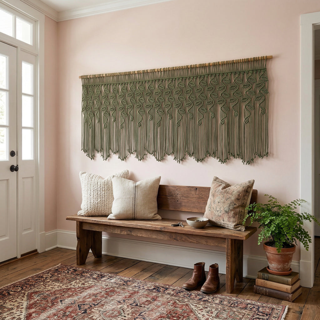 An olive green macrame wall hanging with intricate woven patterns and long fringe, displayed on a light pink wall above a rustic wooden bench with decorative pillows in a styled entryway.